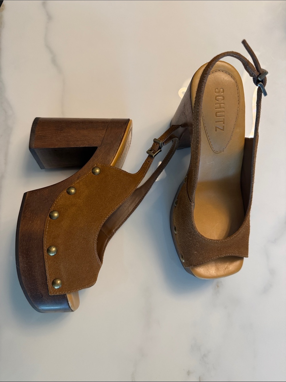 Schutz Brown Suede Platform Slingback Heels